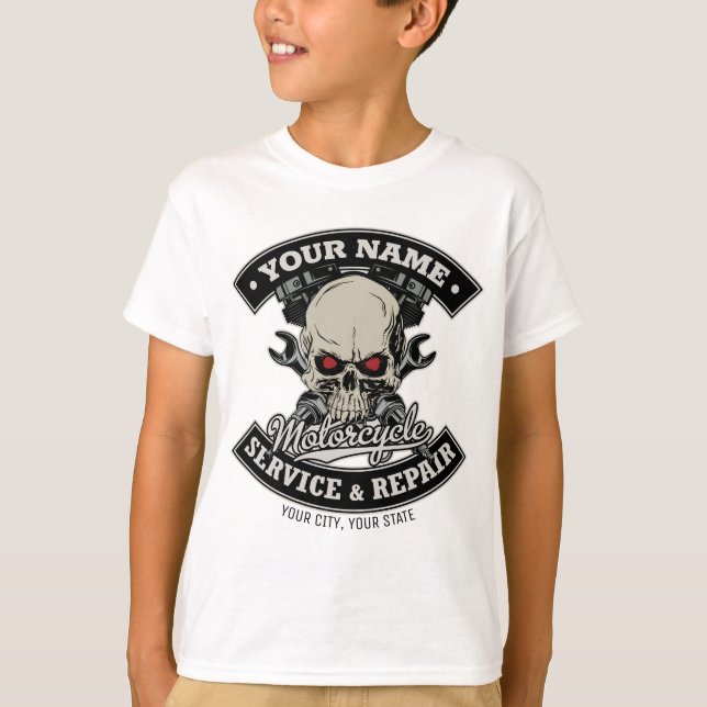 T-shirt Nom personnalisé Biker Mécanique Skull Motorcycle  (Devant)