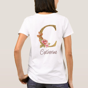T-shirt Nom personnalisé Blush Rose Fleur Lettre C en Or