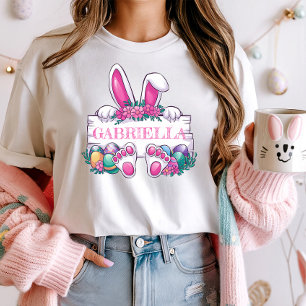 T-shirt Nom Personnalisé Easter Tee; Joli Lapin & Oeufs