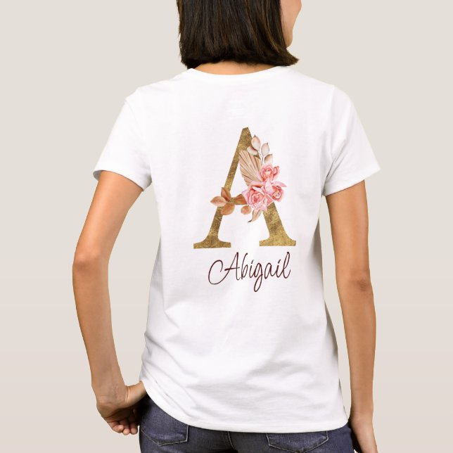 T-shirt Nom personnalisé Gold Foil Blush Rose Lettre A (Dos)