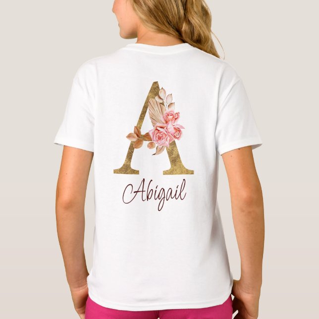 T-shirt Nom personnalisé Gold Foil Blush Rose Lettre A (Dos)