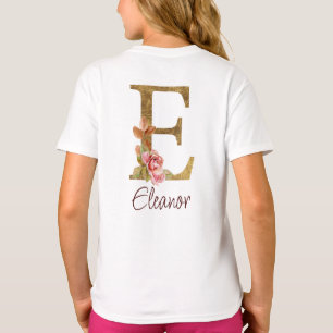 T-shirt Nom personnalisé Lettre E Rose Pâle Feuille d'Or