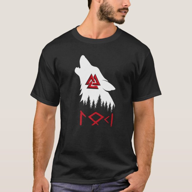 T-shirt Norse Mythology Wolf Valknut Rune Circle Viking Pr (Devant)