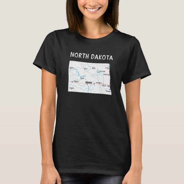 T-shirt North Dakota Us State Map Highways Waterways Major (Devant)