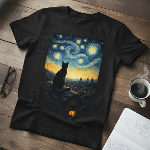 T-shirt Nuit étoilée Hommes  Chat noir et ciel tourbillonn