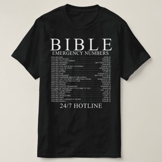 T-shirt Numéro de ligne téléphonique d'urgence de la Bible (Design devant)