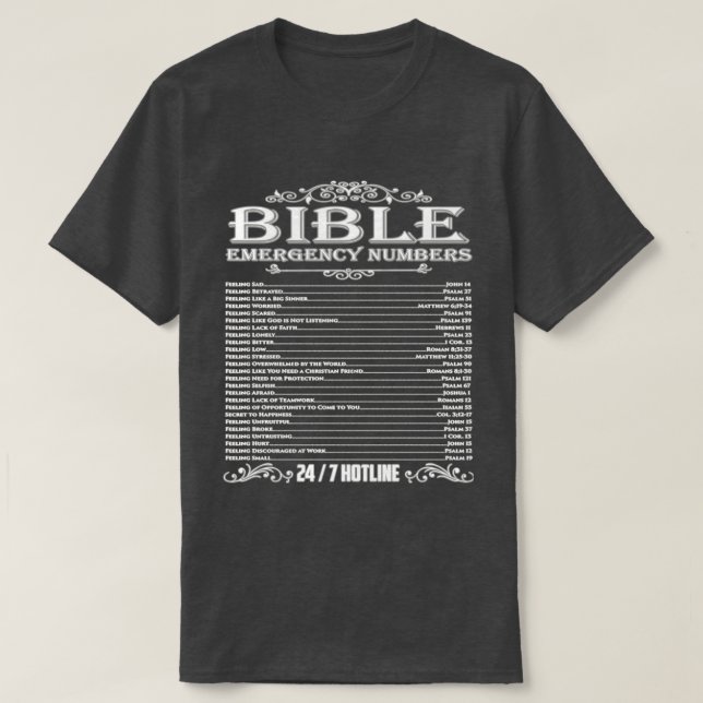 T-shirt Numéro de ligne téléphonique d'urgence de la Bible (Design devant)
