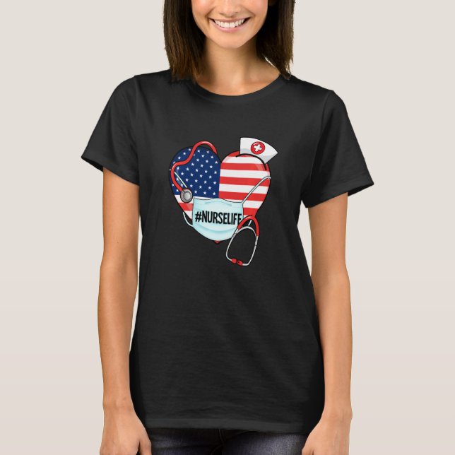 T-shirt Nurse Life American Heart Drapeau visage Masque St (Devant)