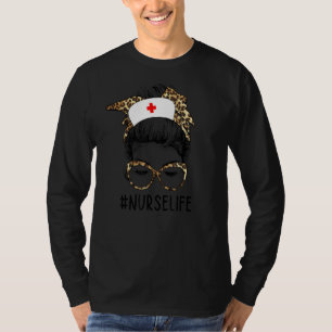 T-shirt Nurse Life Leopard Messy Bun Rn Infirmière Stethos