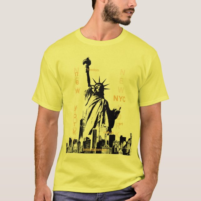 T-shirt Ny Nyc Manhattan Liberty Statue Mens Jaune (Devant)