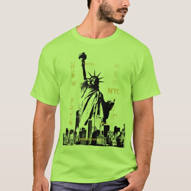 T-shirt Nyc Manhattan Liberty Statue Mens Lime Green (Devant)