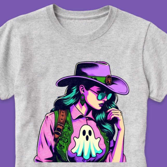 T-shirt Occidentale Halloween Cowgirl avec chemise d'art p (Western Halloween Cowgirl with Ghost Pop Art Shirt)