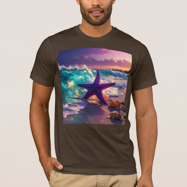 T-shirt Ocean beach with violet starfish (Devant)