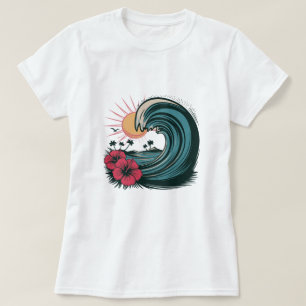 T-shirt Ocean Summer Beach Island Vagues hibiscus rouge