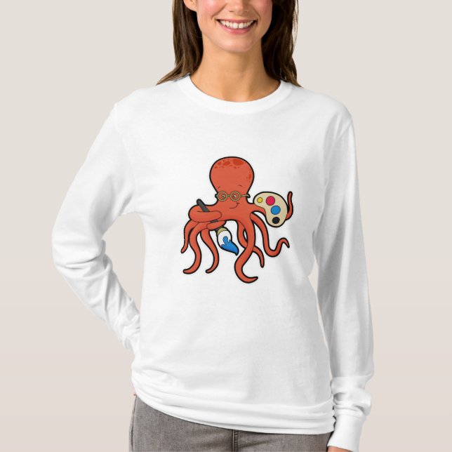 T-shirt Octopus comme Peintre avec Peinture et Pinceau (Devant)