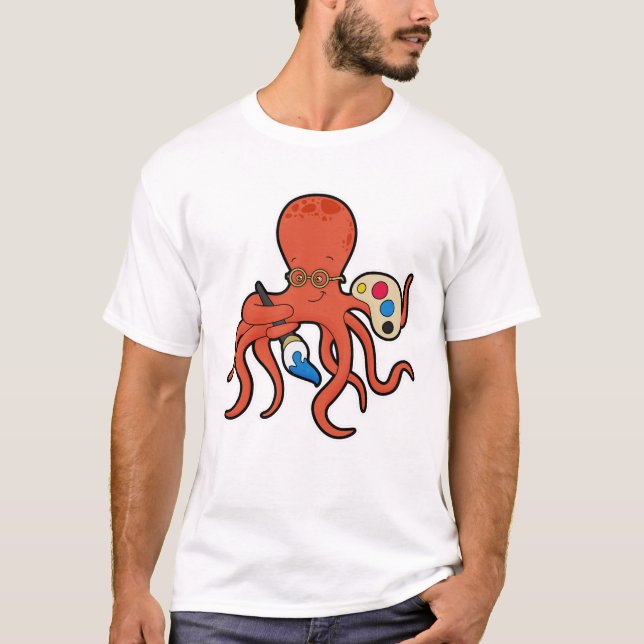 T-shirt Octopus comme Peintre avec Peinture et Pinceau (Devant)
