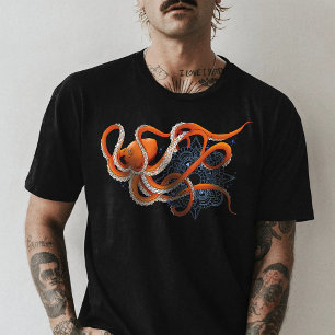 T-shirt Octopus Orange Mandala bleu