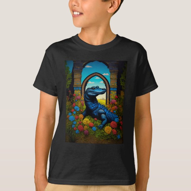T-shirt Œuvre d'art fantastique d'alligator bleu (Devant)