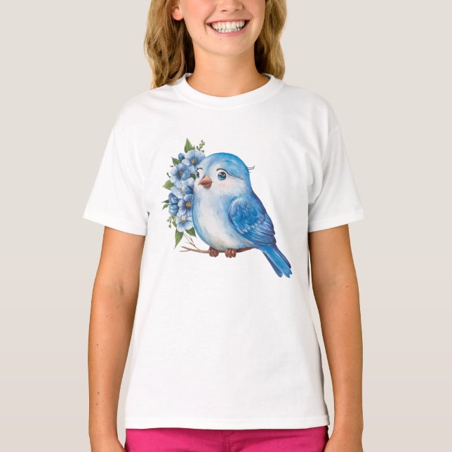T-shirt Oiseau bleu avec fleurs (Devant)