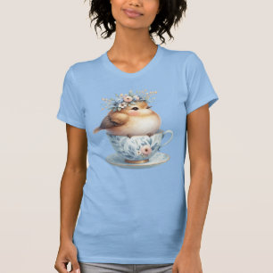 T-shirt Oiseau bleu mignon avec couronne florale en Teacup