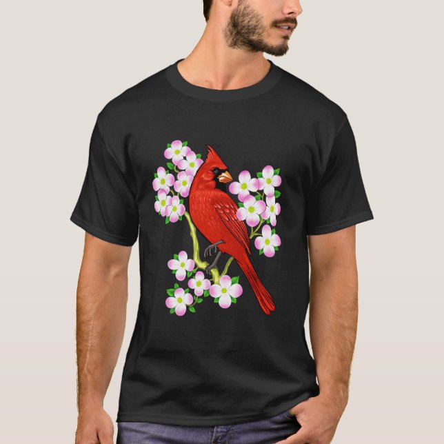 T-shirt Oiseau cardinal rouge Fleur de bois de chien Carol (Devant)