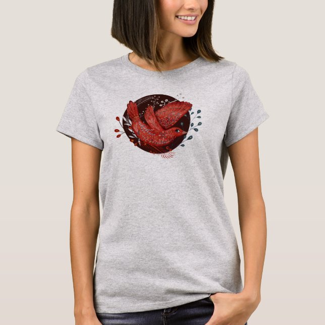 T-shirt Oiseau de Noël rouge peint à la main (Devant)