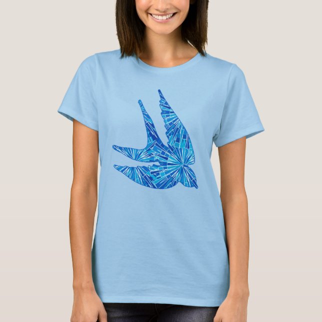 T-shirt Oiseau géométrique moderne, cobalt et bleu ciel (Devant)