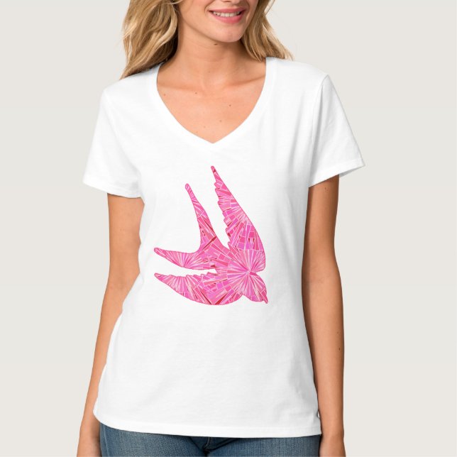 T-shirt Oiseau géométrique moderne, Fuchsia et rose clair (Devant)
