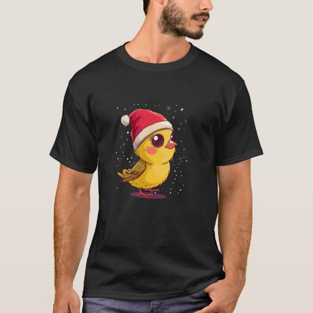 T-shirt Oiseau jaune avec costume de chapeau de Santa (Devant)
