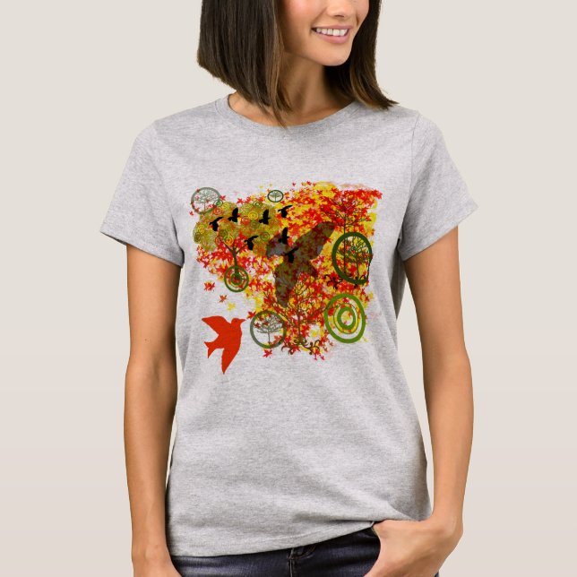 T-shirt Oiseaux Arbres et Feuilles (Devant)