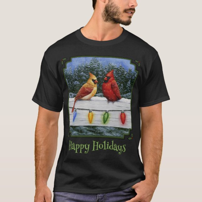 T-shirt Oiseaux Cardinaux D'Hiver Et Lumières De Noël Joye (Devant)