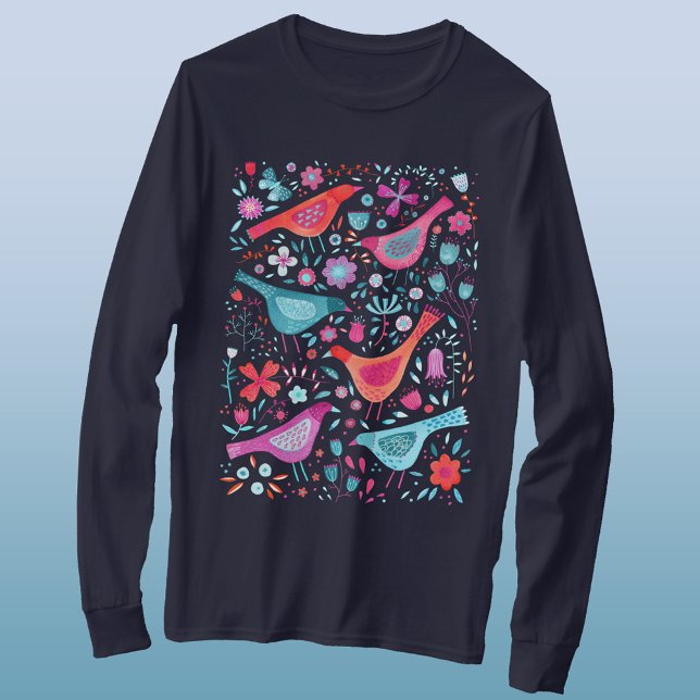 T-shirt Oiseaux d'aquarelle dans un jardin Boho (Watercolor birds and wild flowers long sleeved t-shirt)