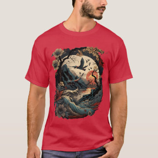 T-shirt Oiseaux japonais rétro Fleur de cerisier et fu Vin