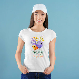 T-Shirt Oiseaux mignons Fleurs d'aquarelle violette et ora