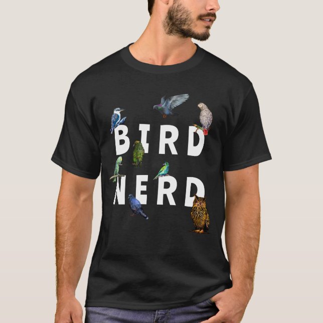 T-shirt OISEAUX NERD, perroquets, hibou, pigeons, kookabur (Devant)