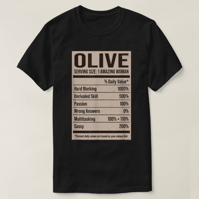 T-shirt Olive Nutrition Facts Nom Pseudo Alias Titre Fr (Design devant)