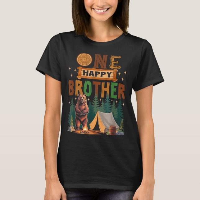T-shirt One Happy Brother Camper 1st Birthday Camng Bear  (Devant)