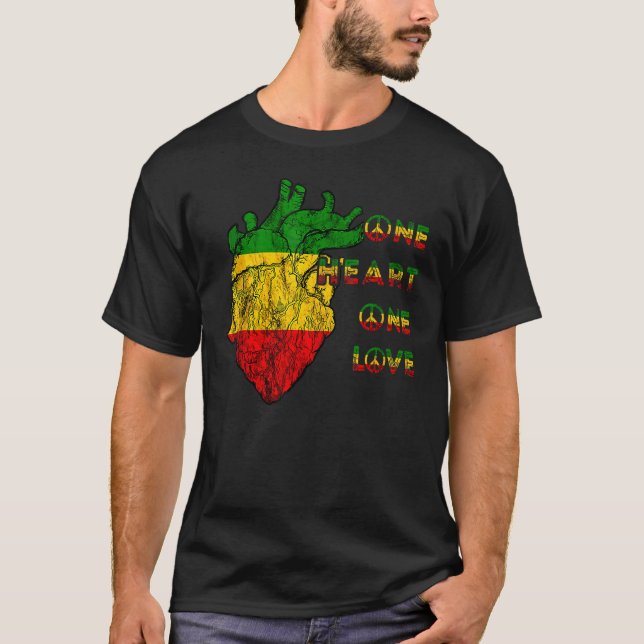 T-shirt One Heart One Love Rasta Reggae Paix Rastafarian (Devant)