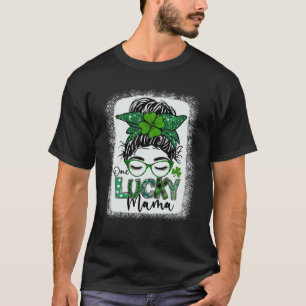 T-shirt One Lucky Mama Messy Bun Bleached St Patricks Day