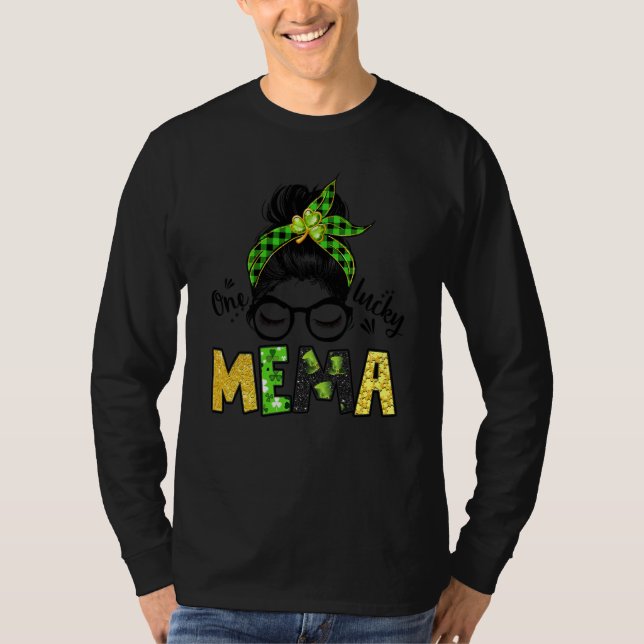 T-shirt One Lucky Mema Messy Bun Leopard St Patrick's Day (Devant)