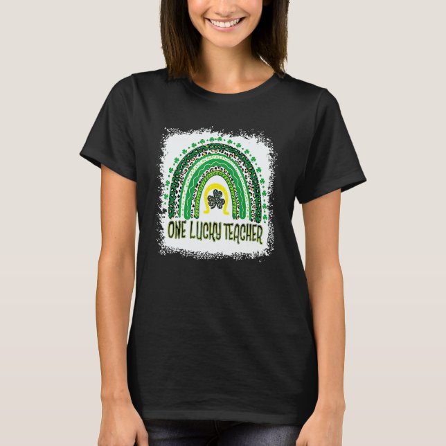 T-shirt One Lucky Teacher Leopard Rainbow St Patrick's Day (Devant)