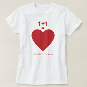 T-shirt One Plus One Equals Love, Red Heart, Nom Personnal