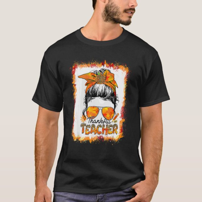 T-shirt One Thankful Teacher Leopard Messy Bun Thanksgivin (Devant)