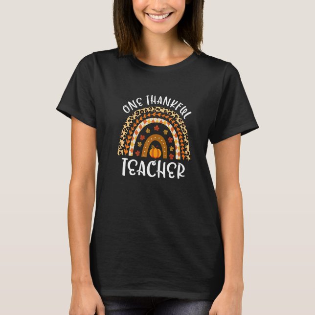 T-shirt One Thankful Teacher Rainbow Leopard Thanksgiving  (Devant)