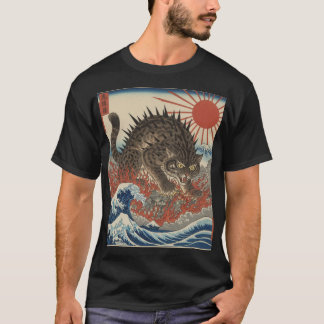 T-shirt Oni Cat Surging Waves Ukiyo-e Sunrise