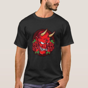 T-shirt Oni Demon Mask Horned Devil Head With Ros