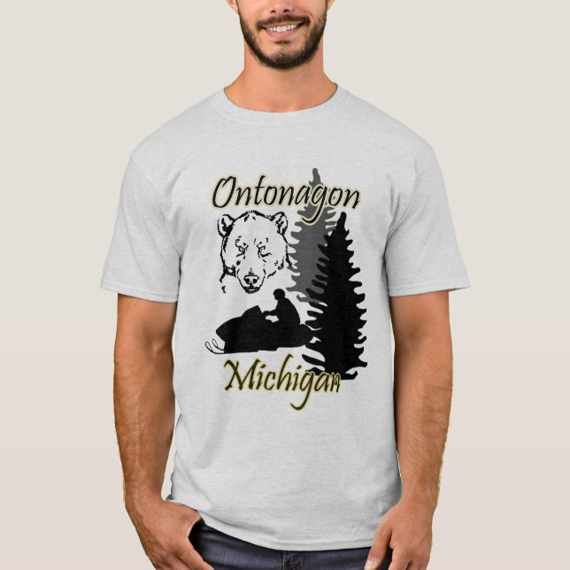 T-shirt Ontonagon Michigan Motoneige Ours Mens Grey (Devant)