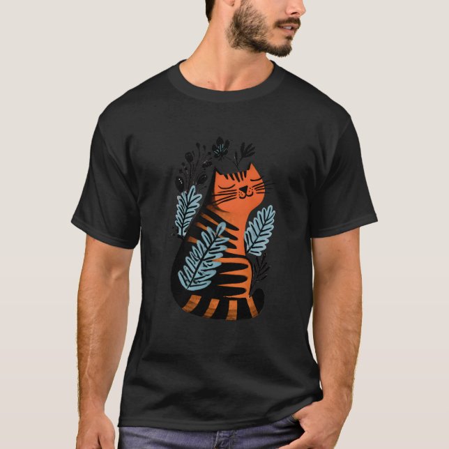 T-shirt Orange and Black Striped Cat with Floral Design (Devant)