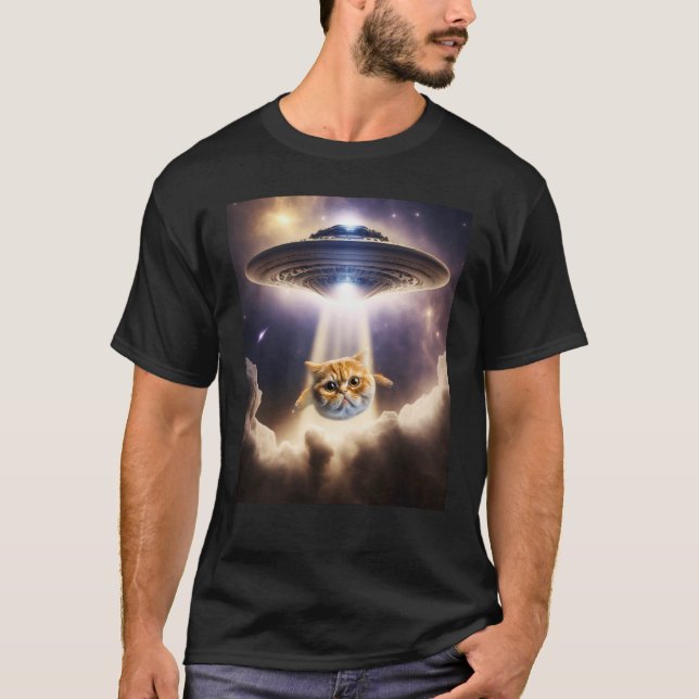 T-shirt Orange Cat UFO Space Alien  Cute Kitten Beam Up (Devant)