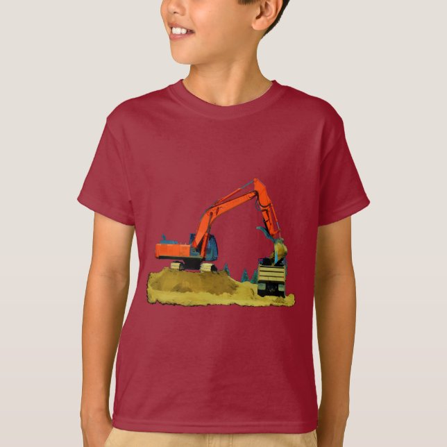 T-shirt Orange Excavateur et Camion-Camion jaune (Devant)